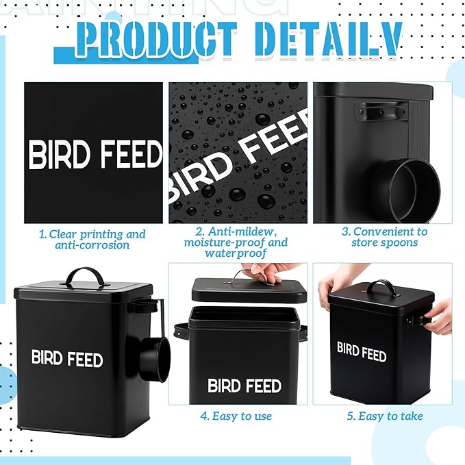 2 Pcs Metal Bird Seed Container with Scoop, Bird Feed Storage Container with Fitted Lid, Ideal Gift for Birds and Pet Owners (Black)