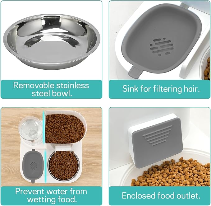 Fhiny Gravity Cat Feeder and Water Dispenser, 2 in 1 Automatic Pet Waterer Detachable Stainless Steel Food Bowls Set Pet Food Storage for Small Dog Puppy Cat Kitten Pet Easy Clean (Grey)