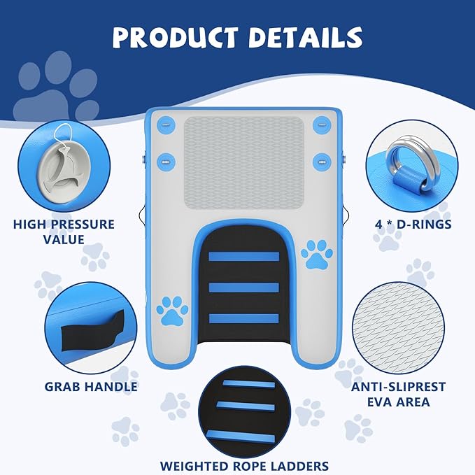 Dog Boat Ramp - Inflatable Dog Pool Ramp for Boat (40" x 35.5"), Non-Slip Water Ladder for Dock, for Pets Up to 250 lbs, Easy Access from Swim Platform, Pool or Floating Docks for Lakes, Blue