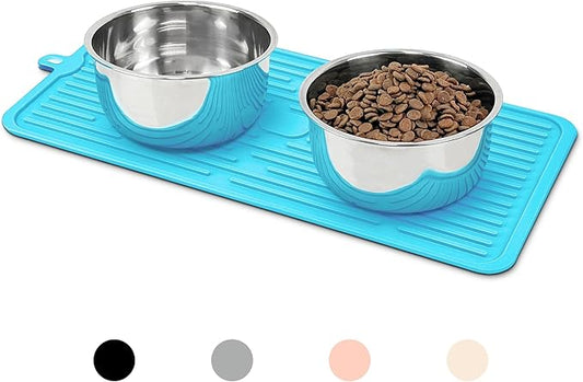 Ptlom Pet Placemat for Dog and Cat, Anti-Slip Waterproof Dogs Feeding Mat Prevent Food and Water Overflow, Bowl Mats Suitable for Medium and Small Pets, Blue, Silicone