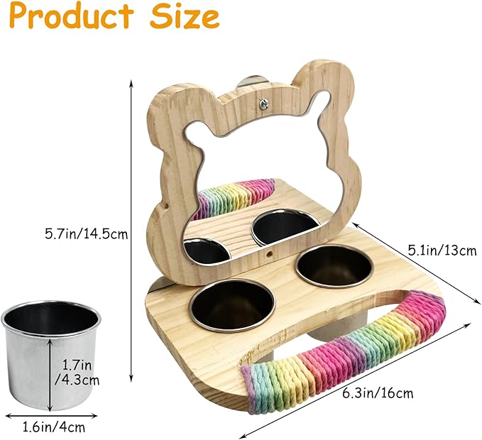 Tfwadmx Bird Parrot Wooden Feeding Cups Small Bird Feeding Dish Cups Stainless Steel Birds Bowls Food Water Bowls with Food Holder for Finches Cockatiel Lovebirds