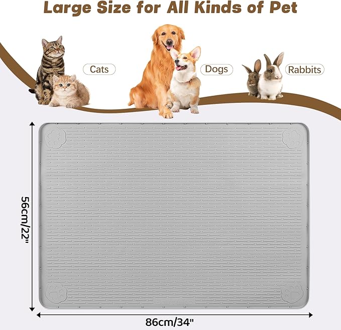 Cat Food Mat, 34" x 22" Large Silicone Pet Feeding Mat for Food and Water Bowls Non-Slip, Easy to Clean (Light Grey)