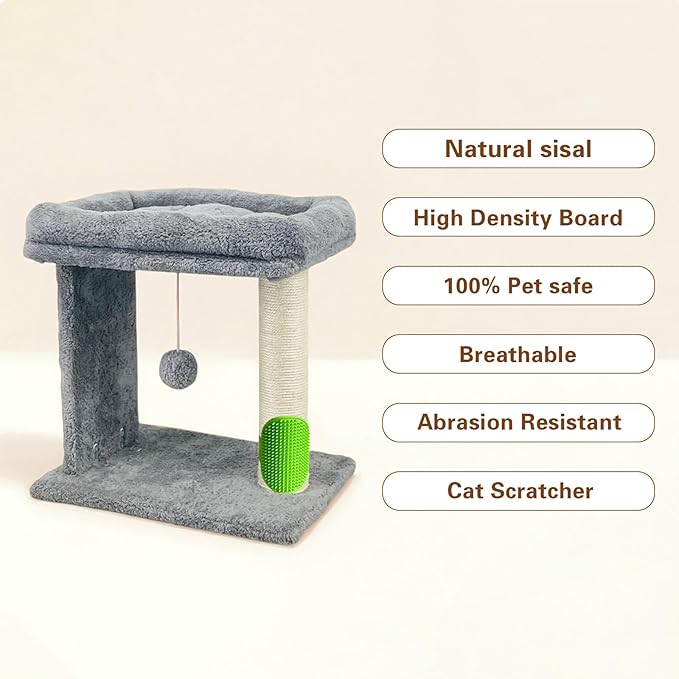 Cat Scratching Post Small Cat Tree with Cat Self Groomer, 17.3x13.4” Wide Top Bed, Natural Scratch Post and Danging Ball Great for Kittens and Average Indoor Cats-Grey