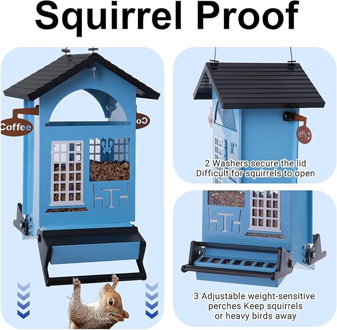 Bird Feeders for Outdoors Squirrel Proof Hanging Metal Bird House Feeder for Outside Anti Squirrels for Wild Birds Cardinal Finch Chickadee 5 LB Large Capatial Heavy Duty & Dualbe, SkyBlue