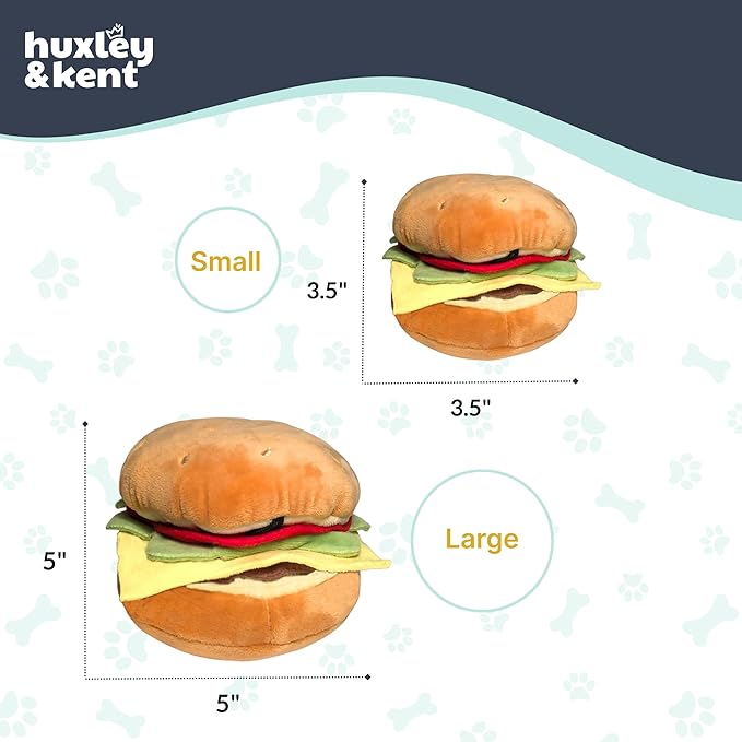 Huxley & Kent Funny Dog Toy w/Squeaker – Power Plush Squeaky Dog Toys for Small, Medium & Large Dogs – Soft Stuffed Animal for Indoor Play & Fetch - Hamburger, Small