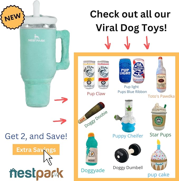 Tumbler Cup Funny Dog Toy - Parody Plush Squeaky Crinkle Dog Toy (Seafoam Green)