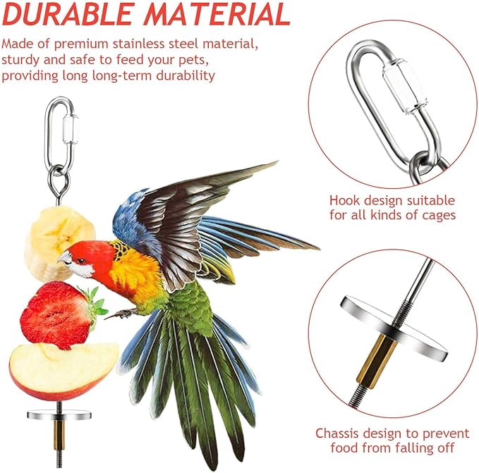 Weewooday 3 Pcs Bird Cage Food Holder Parrot Bird Feeder Toy Stainless Steel Fruit Kabob Clip Treats Cage Skewer Foraging Hanging Small Animal Vegetable Stick Feeder for Parakeet Cockatoo Cockatiel