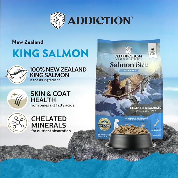 Addiction Salmon Bleu Grain-Free Dry Dog Food - Rich in Prebiotics to Support Skin, Coat & Cognitive Health - Salmon Recipe for All Dog Life Stages - Made in New Zealand 20 lb