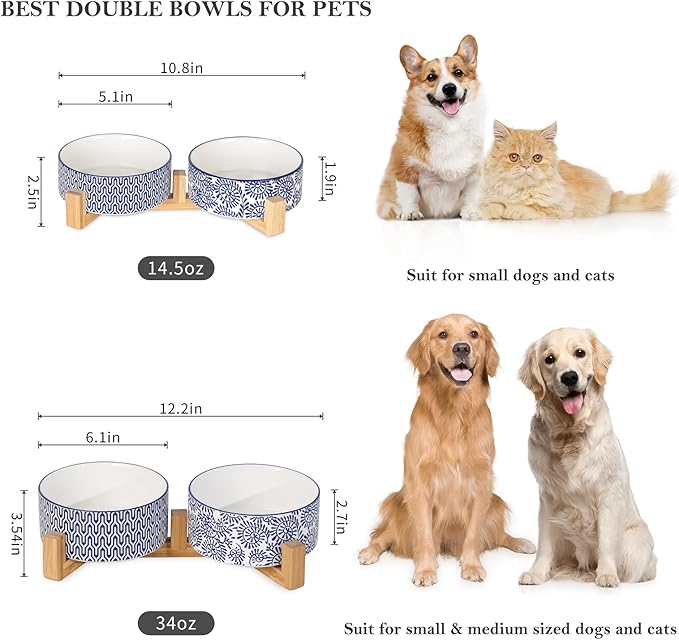 Selamica Ceramic 14 OZ Dog Bowls, Dog Food and Water Bowls with Wooden Stand, Anti-Slip Dog Dishes Set for Cats & Small Dogs, Weighted Pet Bowls Set of 2, Vintage Blue B