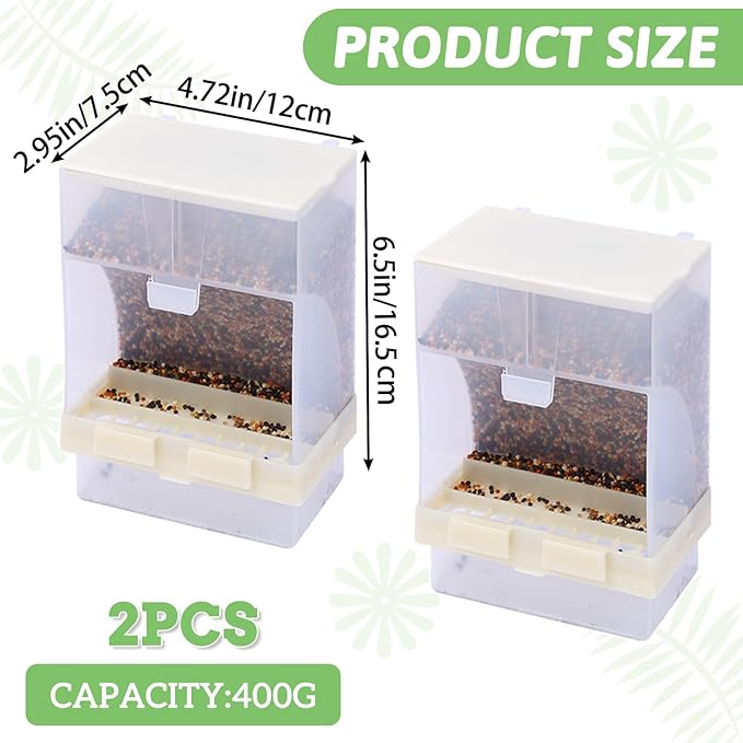PINVNBY 2 PCS No Mess Bird Feeder, Automatic Bird Feeder for Cage, Seed Food Container Cage Accessories for Parrot Budgerigar Canary Cockatiel Finch Parakeet Green Cheek Conures Parrotlets Lovebirds