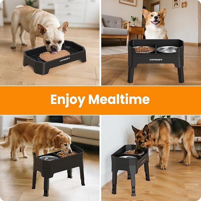 URPOWER 3-in-1 Elevated Dog Bowls - Mess Proof Double Deck 4 Height Adjustable Raised Stand with 2 Stainless Steel Food Bowls & Licking Plate for Small, Medium & Large Dogs