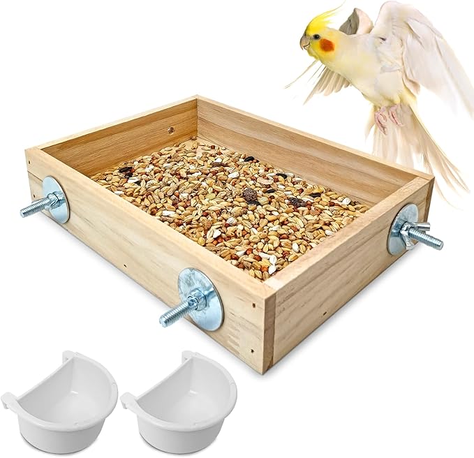BNOSDM Wooden Bird Feeder for Cage Natural Wood Bird Foraging Box Food Dish for Small to Medium Birds Parrot Feeding Cups for Cockatiel, Lovebird, Parakeet, Budgies (Small)