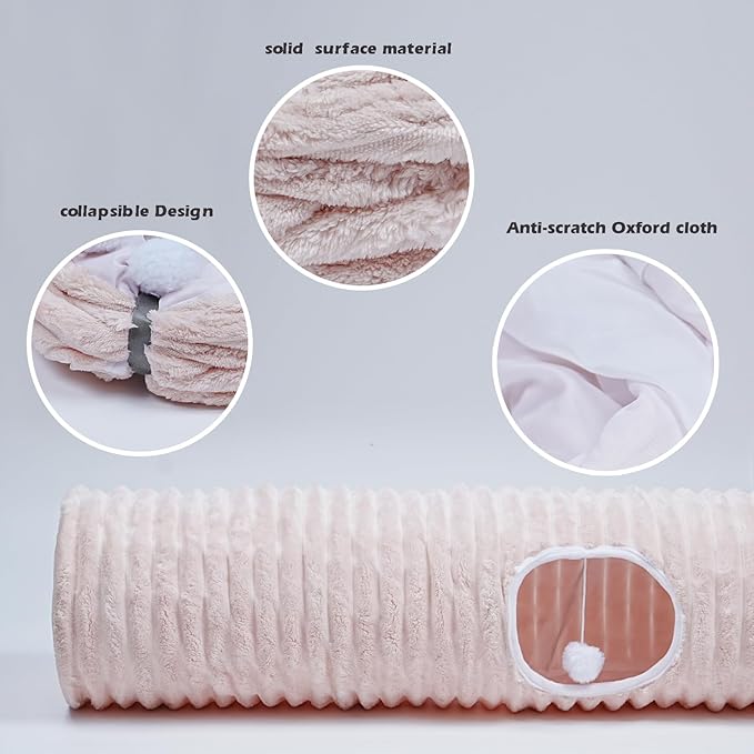 Luxurious Cat Tunnel,43" Straight Cat Tunnel Toys with Balls for Indoor,Collapsible Peekaboo Cave for Kitten(Pink Stripe)