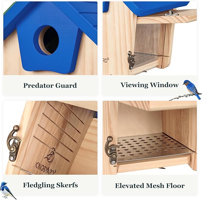 Kingsyard Blue Bird House for Outside - Cedar Wood Nesting Box with Clear View Panel & Predator Guard for Bluebird Wren Cardinal Swallow Finch, Royal Blue