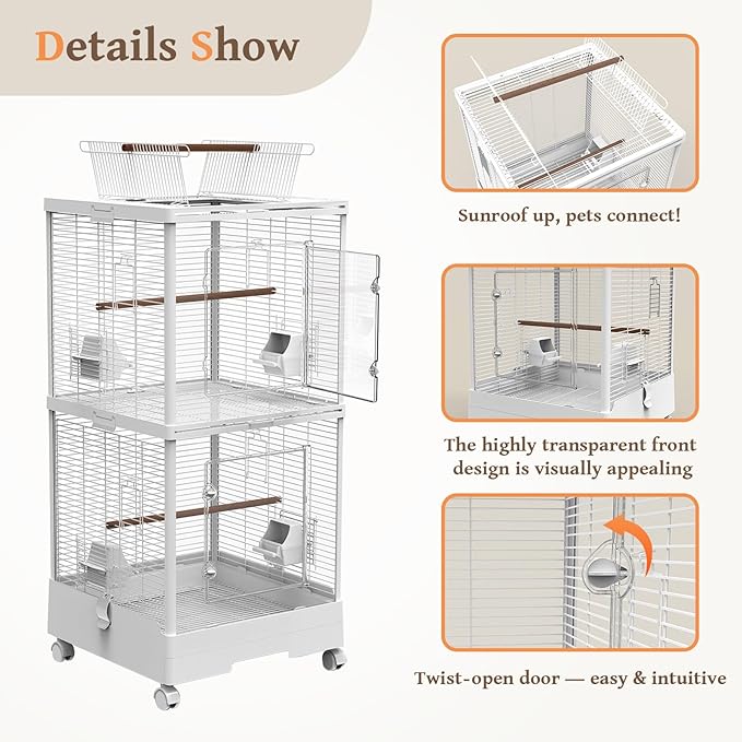 2-in-1 Dividable Double Flight Cage, Tall Bird Cage with Play Top & Clear View Front for Parakeets, Cockatiels, Lovebirds, 2-Level Breeder Cage on Wheels with 0.4" Bar Spacing & Accessories
