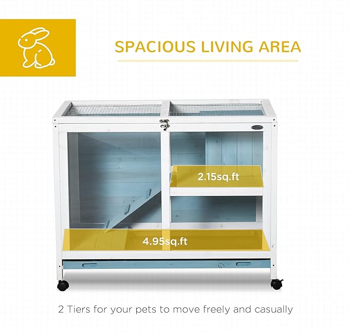 PawHut Rabbit Hutch with Wheels, Desk and Side Table Sized, Wooden Rabbit Cage, Waterproof Small Bunny Cage with Removable Tray, Openable Roof, for Indoor & Outdoor, Light Blue