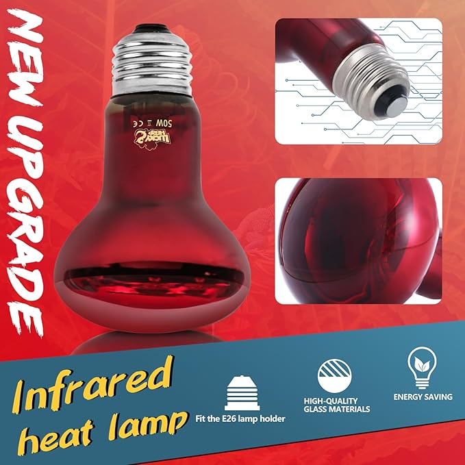 LUCKY HERP Infrared Heat Lamp 50W 2 Pack,Reptile & Amphibian Basking Spot Light Bulbs, Red Heat Lamp Bulbs for Reptiles, Bearded Dragon, Turtle, Lizard, Snake, Chicken