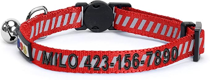 Pawtitas Personalized Cat Collar with Safety Buckle and Removable Bell Cat Collar with Name Phone Number Kitten Adjustable Collar Customized Cat Collar | Red Reflective Collar for Cats