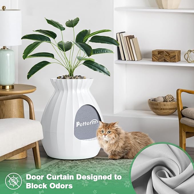 Plant Litter Box Equipped with Odor Removal System,Hidden Cat Planter Litter Box Enclosure for Big Cats,Enclosed Secret Cat Litter Box with Artificial Plant & Cobblestone,Easy to Clean and Assemble