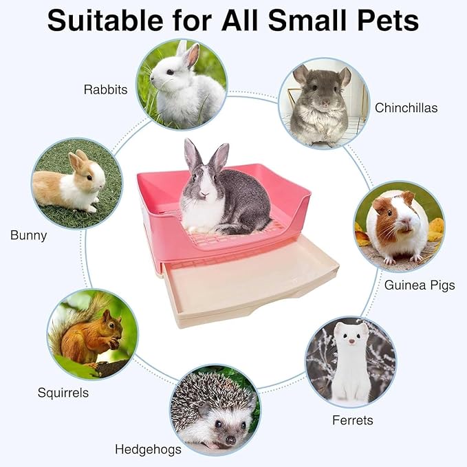kathson 2PCS Large Rabbit Litter Box Trainer, Potty Corner Toilet with Drawer Bigger Pet Pan for Adult Hamster, Guinea Pig, Ferret, Galesaur, Bunny and Other Animals (Pink,Brown)