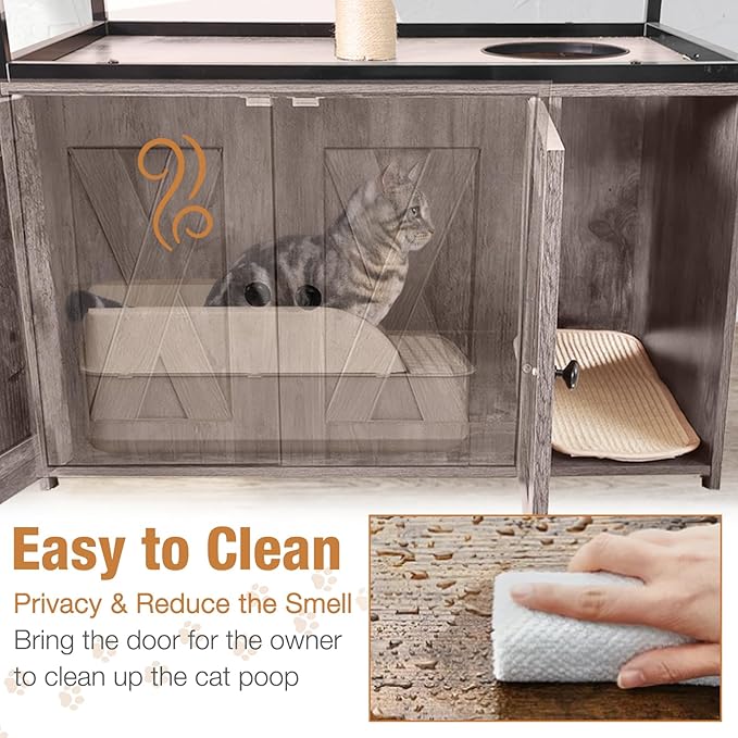 Cat Litter Box Enclosure, Wooden Cat Tree with Hidden Litter Box Enclosure, Indoor Cat House with Condo, Hammock Scratching Mat and Storage Shelves (Grey, Large)