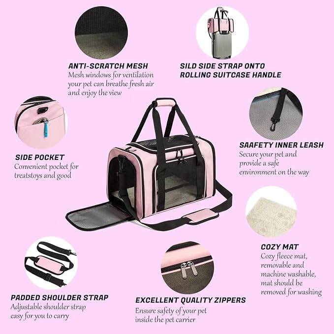 Cat Carrier Dog Carrier Pet Carrier Cat Bags for Small Medium Cats Dogs Puppies of 15 Lbs,of Airline Approved Small Dog Bag Soft Sided,Collapsible Travel Puppy Carrier (Medium, Pink)
