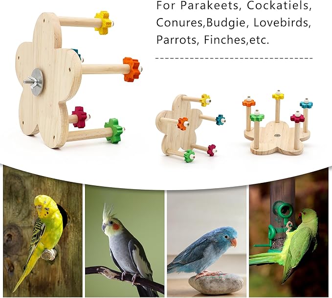 2 Pcs Bird Rotating Perch Toy,Durable Unique Wooden Ferris Wheel Parrot Toys with 5 Perches,Bird Cage Accessories for Parakeet, Cockatiel, Budgerigar,Conures, Lovebirds(Rotating-5cha-2P)