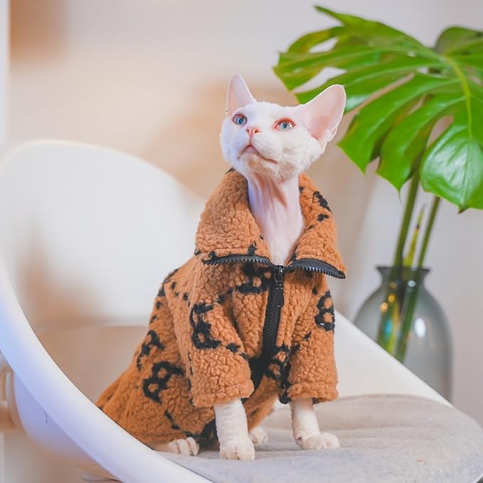 Turtleneck Sphynx Cat Winter Clothes, Double-Sided Fleece Jacket with Zipper, Sweater for Sphynx Cat Winter Warm Outfit Coat for Hairless Cats and Small Dogs Apparel with Sleeves (Brown, Medium)