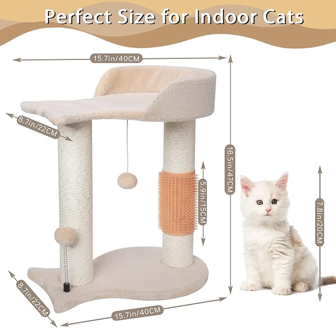 5-in-1 Cat Tree Tower Multifunction Cat Scratching Post Featuring with Fish-Shaped Rest Platform Cat Self Groomer Danging Ball Spring Ball, Ideal for Indoor Cats or Kittens - Cream