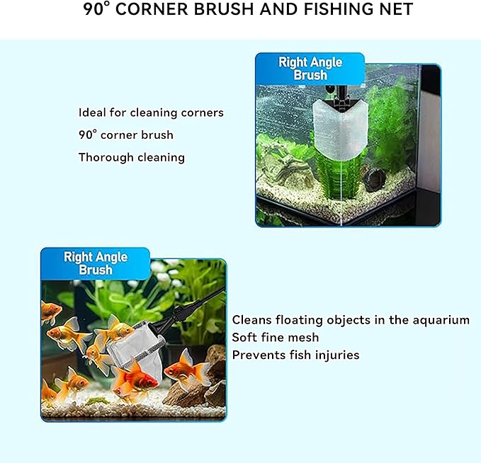 Aquarium Cleaning Tool - 6 in 1 Fish Tank Cleaning Tools - Fish Tank Brush Cleaner Set,with Adjustable Long Handle,Algae Scraper Scrubber Pad Scrub Brush Fish Net Gravel Rake