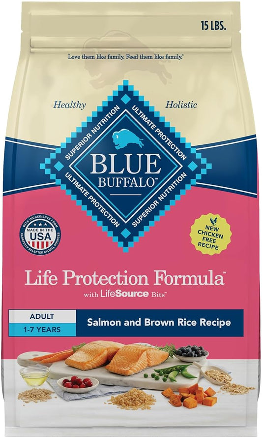 Blue Buffalo Life Protection Formula Adult Dry Dog Food, Helps Build and Maintain Strong Muscles, Made with Natural Ingredients, Salmon & Brown Rice Recipe, 15-lb. Bag