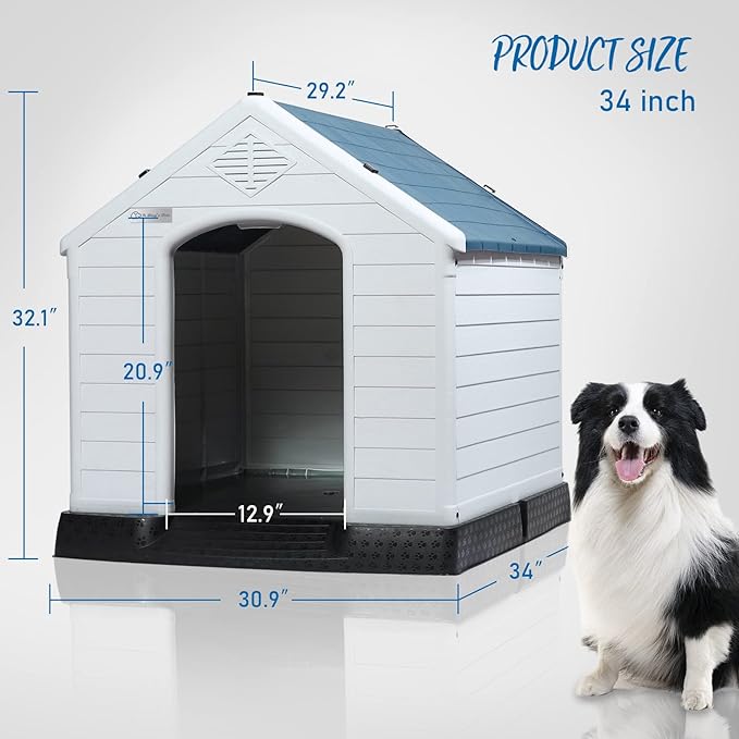 PUKAMI Plastic Outdoor Indoor,Durable Dog House for Small Medium Large Dogs,Waterproof, with Elevated Floor and Air Vents,Ventilate & Easy Clean and Assemble(Blue, 34inch)