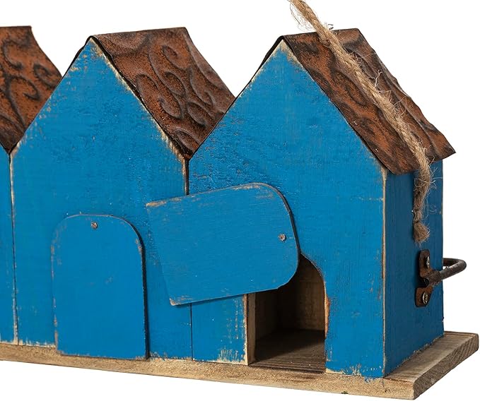 Glitzhome 17" L Retro Blue Distressed Solid Wood Birdhouse with Perch Garden Hanging Bird House for Outdoors