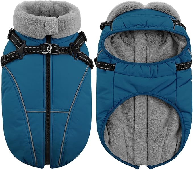 Queenmore Large Dog Coat, Dog Jacket for Extra Large Dogs with Harness Built in, Reflective Waterproof Dogs Jackets with Fleece Lining,Warm Snowsuit Pet Sweater for Doberman,Labrador,Blue,XXL