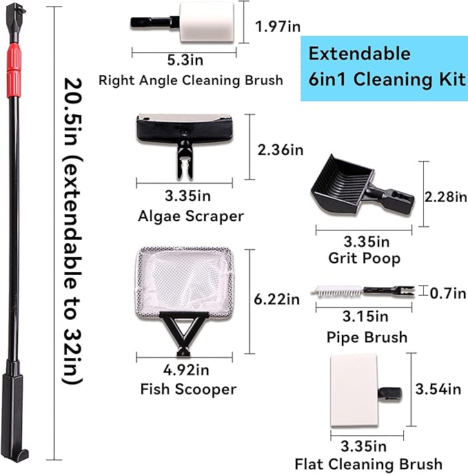 Aquarium Cleaning Tool - 6 in 1 Fish Tank Cleaning Tools - Fish Tank Brush Cleaner Set,with Adjustable Long Handle,Algae Scraper Scrubber Pad Scrub Brush Fish Net Gravel Rake