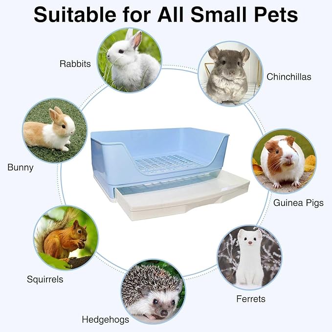 kathson Large Rabbit Litter Box Trainer, Potty Corner Toilet with Drawer Bigger Pet Pan for Adult Hamster, Guinea Pig, Ferret, Galesaur, Bunny and Other Animals (Blue)