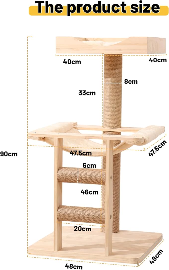 KVIDA Extra-Sturdy Wooden Cat Tree for Large Cats โ Modern 3-Level Tower with Hammock, Anti-Tip Sisal Posts & Oversized Perch, Ideal for Indoor Big Cats & Multi-Cat Homes