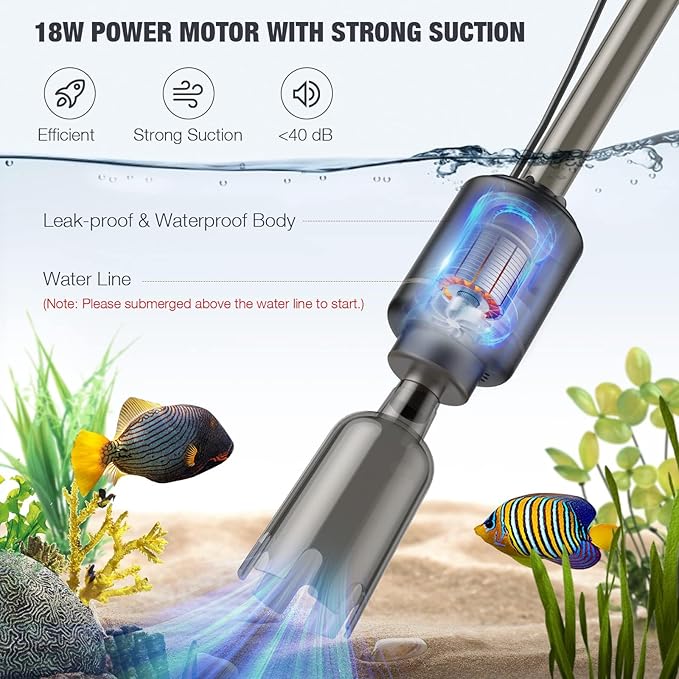 AKKEE Aquarium Vacuum Gravel Cleaner, 6 in 1 Multifunctional 18W Fish Tank Gravel Cleaner Vacuum for Water Changer Wash Sand Water Filter Circulation Aquarium Vacuum Cleaner Waterproof IP68 (Black)