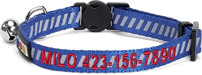 Pawtitas Personalized Cat Collar with Safety Buckle and Removable Bell Cat Collar with Name Phone Number Kitten Adjustable Collar Customized Cat Collar | Blue Reflective Collar for Cats