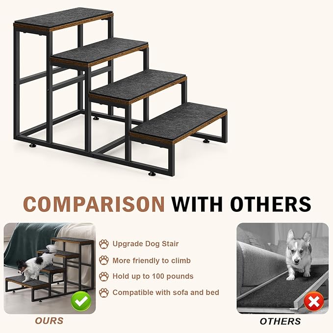 Dog Stairs for Small Dogs, 4 Steps Pet Stairs for High Bed and Couch Sofa, Non-Slip Dog Stairs for Small Dogs, Older or Injured Pet, Industrial Brown