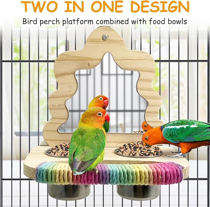 Tfwadmx Bird Parrot Wooden Feeding Cups Small Bird Feeding Dish Cups Stainless Steel Birds Bowls Food Water Bowls with Food Holder for Cockatiel Lovebirds Parakeet Macaw Finches