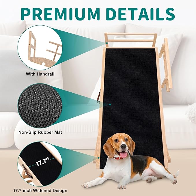 Dog Ramp for Bed, Adjustable Pet Ramps for Dog to Get on Bed, Non-Slip Rubber Surface - Folding Wooden Dog Ramp for Small/Large/Old Dogs, Adjustable up to 27.5 inch High Beds, Safety Railings