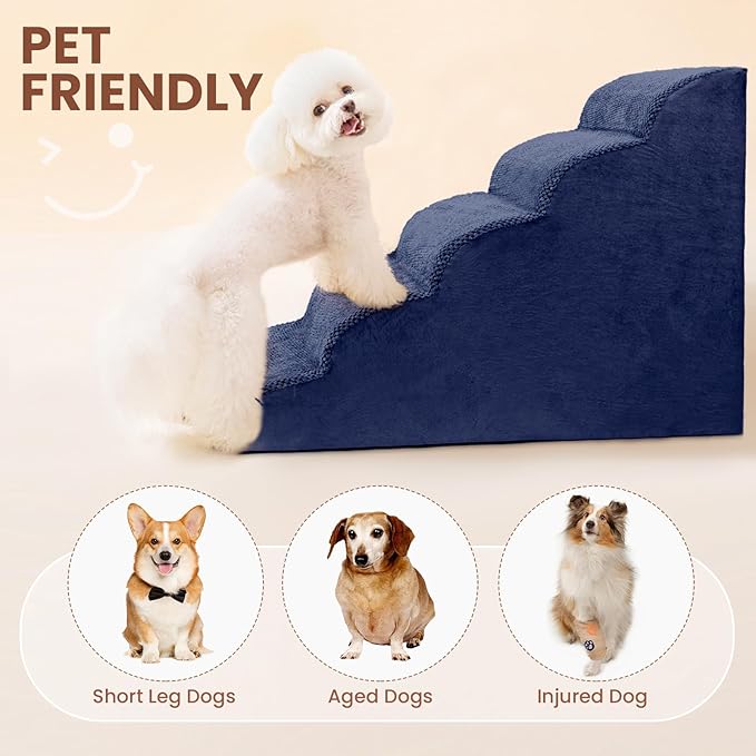 5 Steps Dog Stairs for Bed, 24" Dog Steps for High Bed, High Density Pet Steps for Small Dogs, Extra Wide Non-Slip Dogs Ramp for Injured, Older Pets, Small Cats, Navy