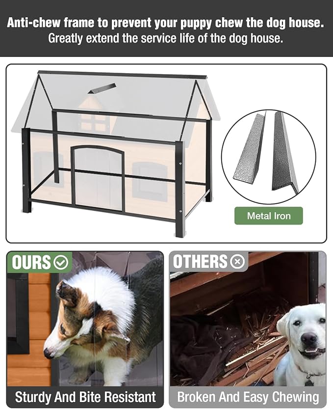 Outdoor Dog House with Iron Frame - Comfortable Shelter for Small to Large Dogs, Ideal for Indoor/Outdoor Use (Wood, L-HP)