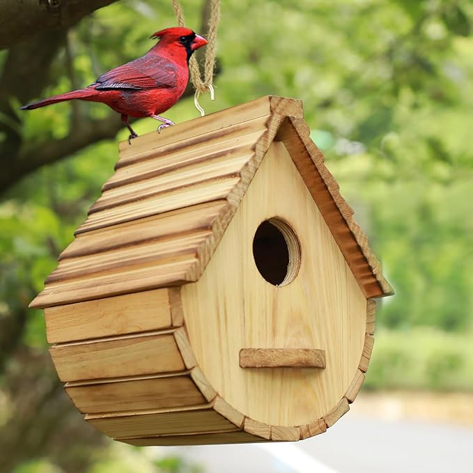 STARSWR Bird House for Outside,Bird Houses Outdoor, Natural Wooden Bird House Clearance Bluebird Finch Cardinals Hanging Birdhouse for Garden Viewing
