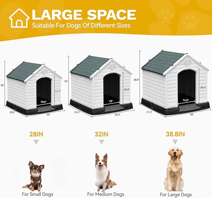 DWVO Large Plastic Dog House, Weatherproof Outdoor/Indoor Doghouse, Puppy Kennel with Air Vents and Elevated Floor, 41.3''L*38''W*38.8''H, Gray