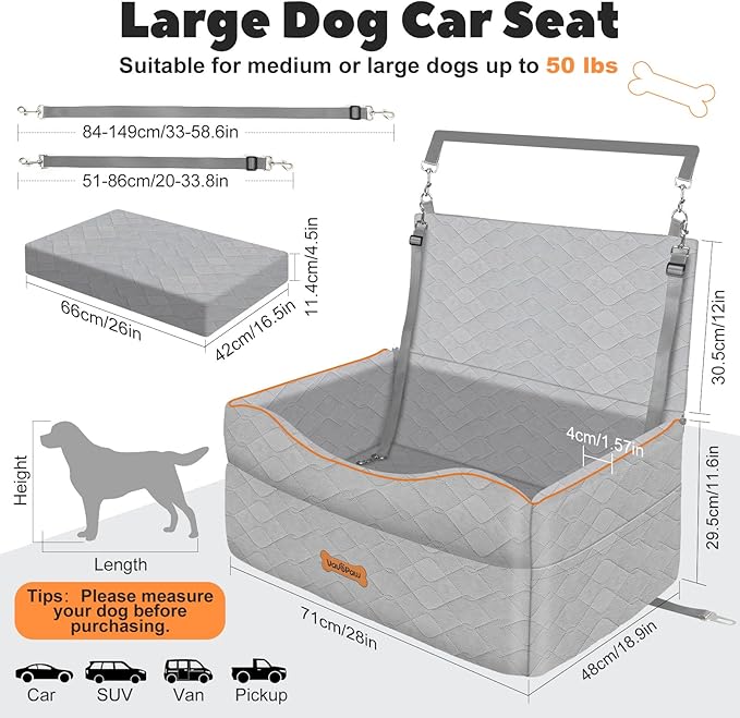 Medium Dog Car Seat, Dog Booster Seat Under 50Lbs or 2 Small Dogs Washable, Pet Car Seats with 2 Safety Leash, Dogs Sofa Bed Cushion Add Thick Sponge, Pet Cars Carrier for Travel, Gray