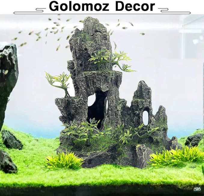 Aquarium Decorations Large and Tall Large Aquarium Decorations for Fish Tank Decorations Fish Tank Ornaments Mountain View Stone Ornament Tree Rock Cave Artificial Fish Tank Ornament, Black