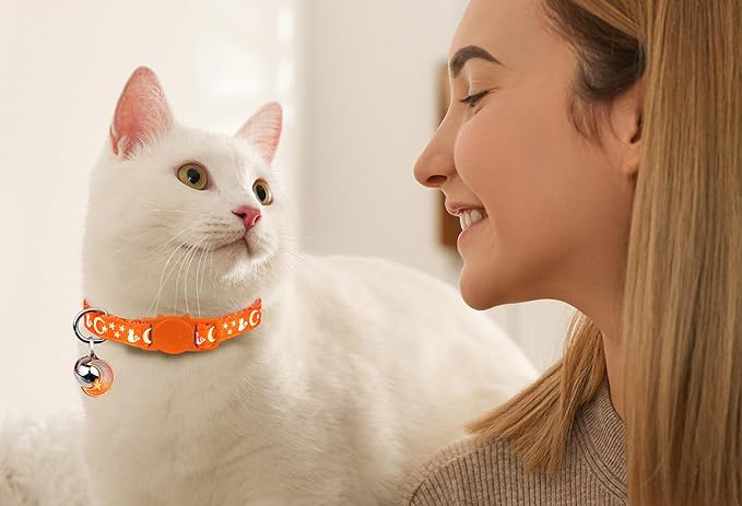 4PCS Cat Collar with Bells,Breakaway Cat Collars,Kitten Collar with Bell Moons Stars Cute Kitty Safe Kitten Collars with Pendant,Cat Collars for Boy Cats 6.9-10.7 Inch(Black&Grey&Deep Green&Orange)