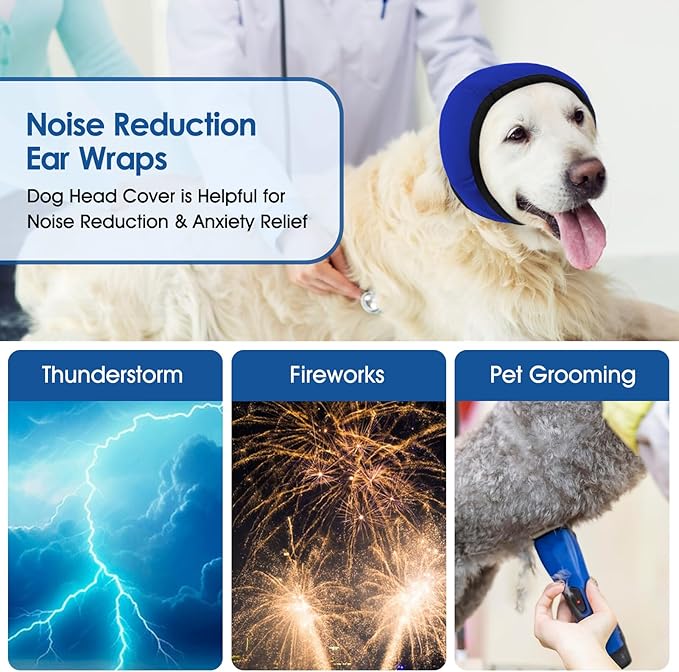 SUNFURA Dog Calming Hoodie - Anxiety Relief Quiet Ears for Dogs, Dog Ear Muffs Cover Noise Protection, No Shake Head Wraps Hematoma for Grooming, Force Drying, Bath, Blue L